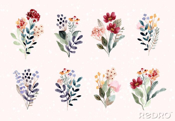 Poster  Bouquets de fleurs multicolores peints à l'aquarelle