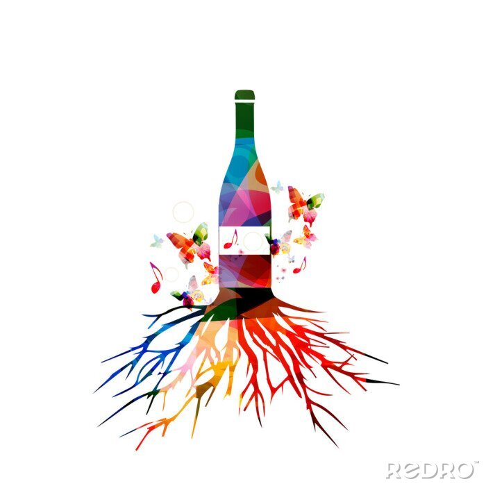 Poster  Bouteille de vin coloré avec l'illustration de vecteur de racine d'arbre. Alcool, boissons, boisson, fond Fêtes, événements et fêtes. Cave à vin, restaurant, dégustation de vins. Bouteille, isolé
