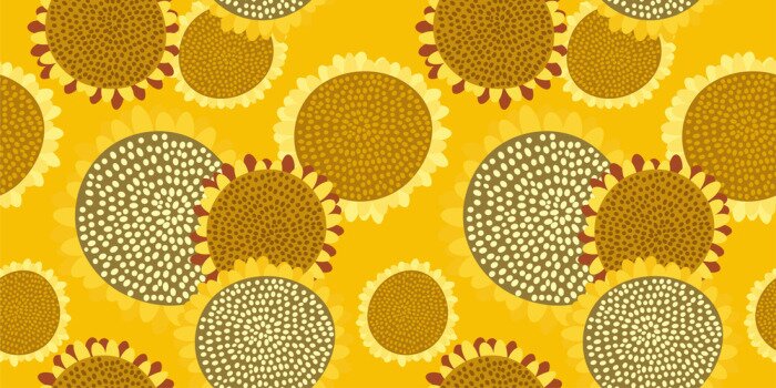 Poster  Bright seamless pattern with sunflowers on a rich yellow background. Abstract floral print in hand-drawn style. Excellent design for fabrics, Wallpaper, sunflower oil packaging, health food...Vector.