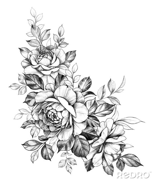 Poster  Brindille noire et blanche avec des fleurs roses
