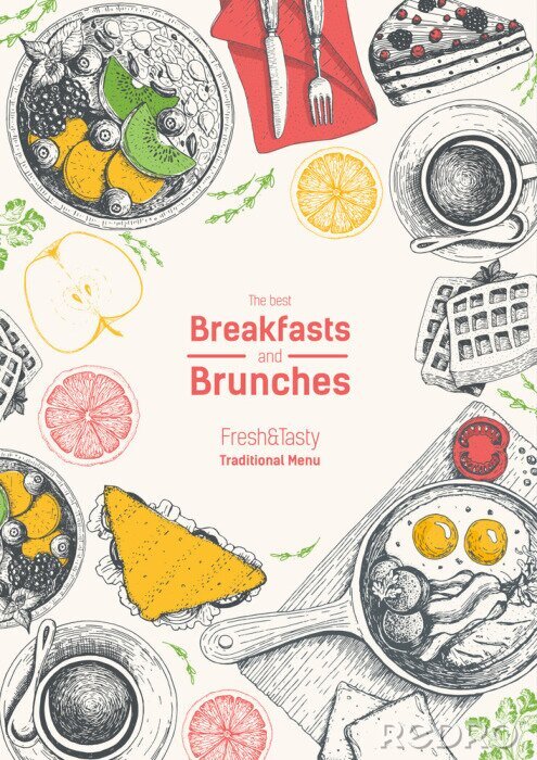 Poster  Brunch and breakfast top view frame. Food menu design. Vintage hand drawn sketch vector illustration