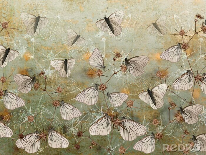 Poster  Butterflies on thorns painted on the grunge green wall. Beautiful design for postcard, card, picture, mural, wallpaper, photo wallpaper.