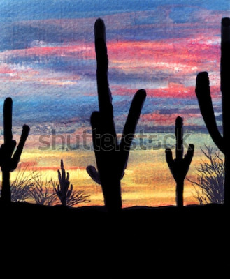 Poster  Cactus sur fond de ciel aquarelle