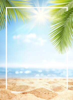 Poster  Cadre avec plage et feuilles de palmier