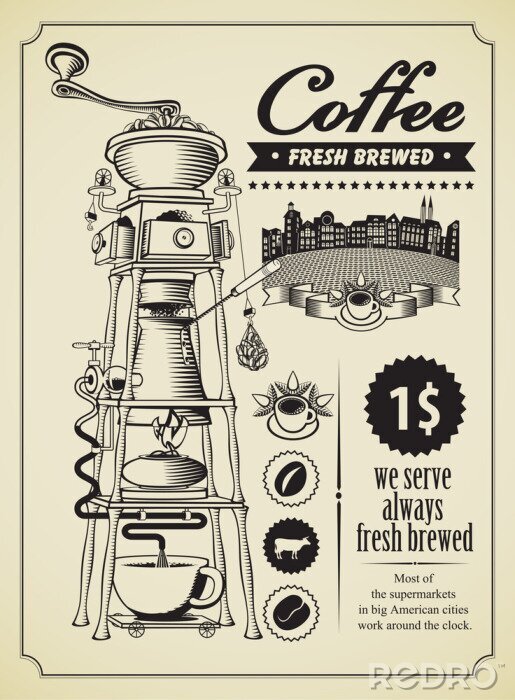 Poster  Café 3D et instructions rétro