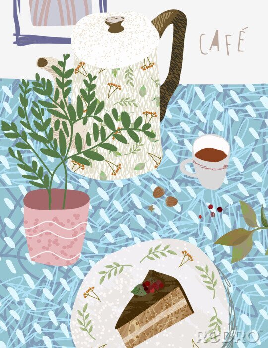 Poster  Cafe. Vector cute illustration of a still life on a table in the kitchen. Top view on teapot, coffee, plant and dessert. Drawings of objects of the Scandinavian style hugg