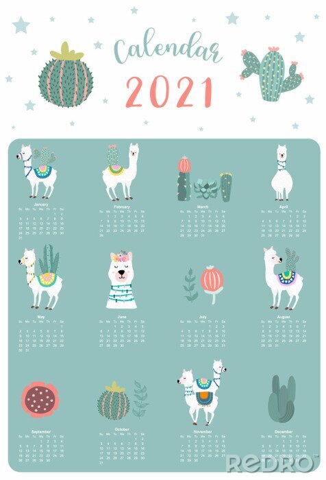 Poster  Calendrier 2021 avec des lamas