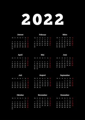Poster  Calendrier simple de 2022 ans en allemand, feuille verticale de format A4 sur fond sombre