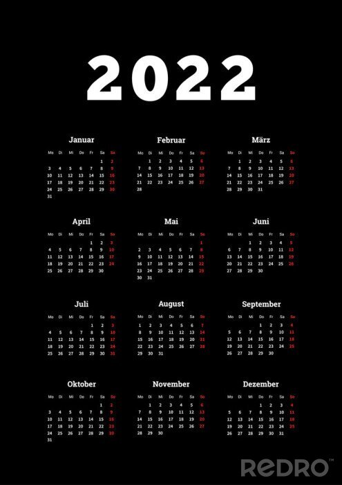 Poster  Calendrier simple de 2022 ans en allemand, feuille verticale de format A4 sur fond sombre