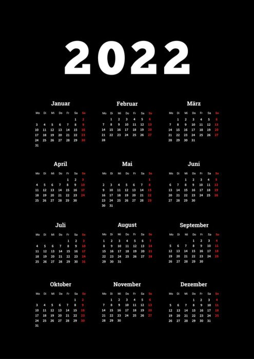 Poster  Calendrier simple de 2022 ans en allemand, feuille verticale de format A4 sur fond sombre