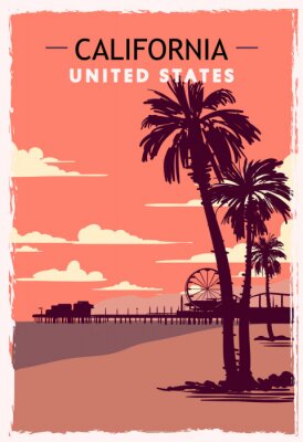Poster  California retro poster. USA California travel illustration.