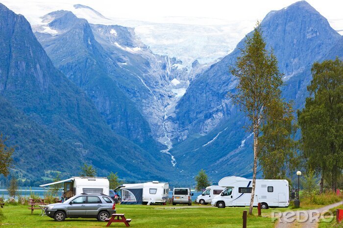 Poster  Camping avec paysage de montagne