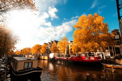 Poster  Canal avec des bateaux à Amsterdam