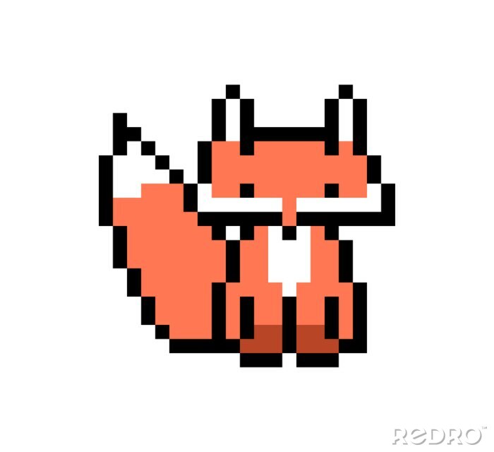 Poster  Caractère de renard pixel art isolé sur fond blanc. Icône d'animaux de la faune / zoo / forêt. Joli logo 8 bits. Rétro vintage des années 80; Années 90 machine à sous / graphismes de jeux vidéo.