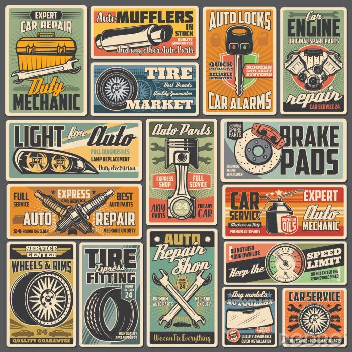 Poster  Cars auto service and mechanic garage station, vector vintage retro posters. Automotive diagnostic, engine repair, tire fitting and pumping, vehicle mufflers, brake pads and spare parts shop
