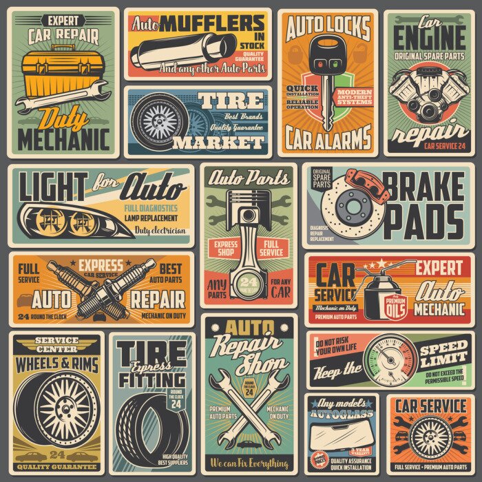 Poster  Cars auto service and mechanic garage station, vector vintage retro posters. Automotive diagnostic, engine repair, tire fitting and pumping, vehicle mufflers, brake pads and spare parts shop