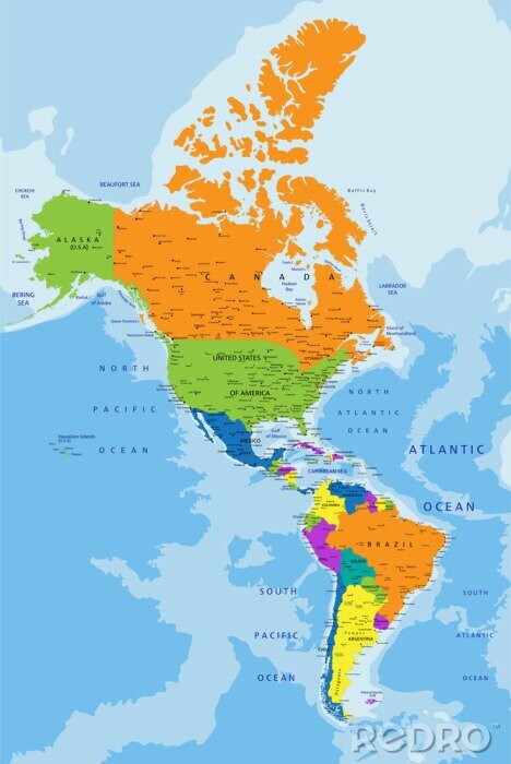 Poster  Carte colorée Amériques politique avec clairement étiquetés, couches séparées. Vector illustration.