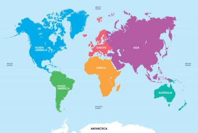 Carte colorée du monde des continents