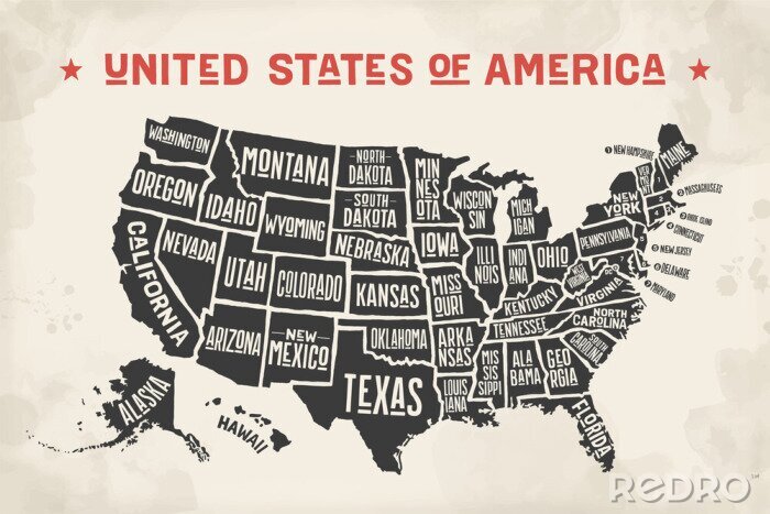 Poster  Carte d'affiche des Etats-Unis d'Amérique avec des noms d'état. Carte d'impression en noir et blanc des Etats-Unis pour un t-shirt, une affiche ou des thèmes géographiques. Hand-drawn carte noire avec