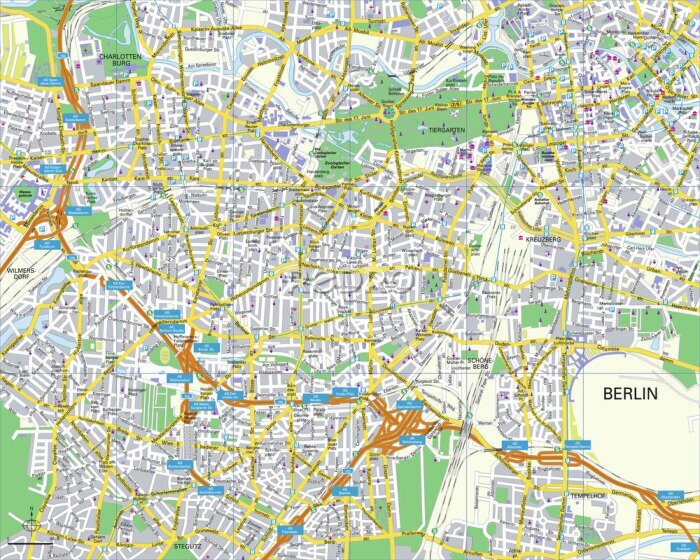 Poster  Carte de Berlin avec ses parcs et ses routes