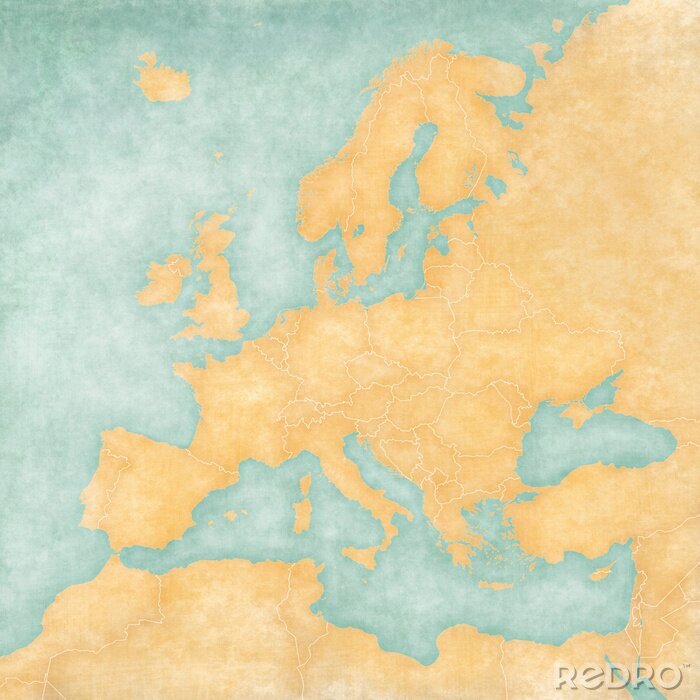 Poster  Carte de l&#39;Europe en jaune et turquoise