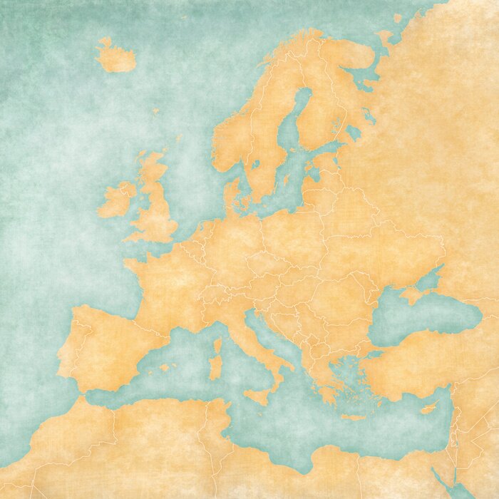 Poster  Carte de l'Europe en jaune et turquoise