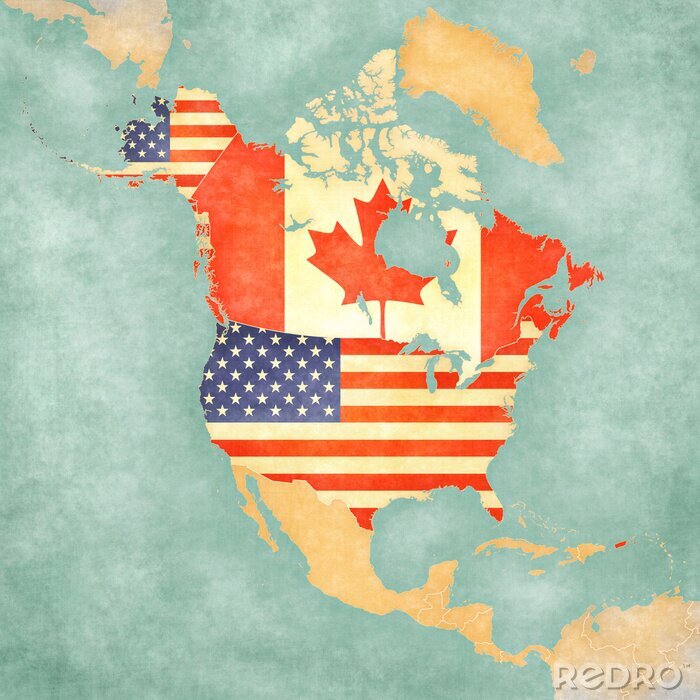 Poster  Carte de l'Amérique du Nord avec des drapeaux