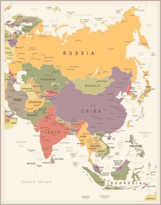 Poster  Carte de l'Asie - Illustration vectorielle vintage