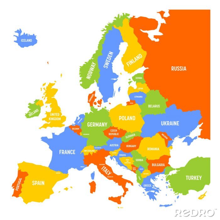 Poster  Carte de l'Europe avec les noms des pays souverains, des ministères et du Kosovo inclus. Carte vectorielle simplifiée en thème de quatre couleurs sur fond blanc.