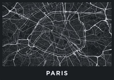 Carte de la ville de Paris sombre. Carte routière de Paris (France). Illustration en noir et blanc (sombre) des rues parisiennes. Format affiche imprimable (album).
