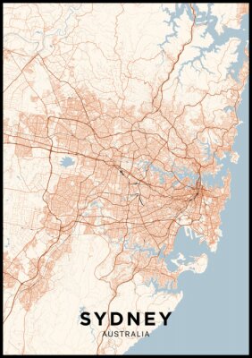 Poster  Carte de la ville de Sydney (Australie). Affiche avec carte de Sydney en couleur. Schéma des rues et des routes de Sydney.
