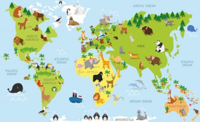 Carte de monde drôle de bande dessinée avec les animaux traditionnels de tous les continents et océans. Vecteur, Illustration, préscolaire, éducation, enfants, conception