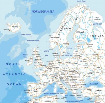 Sticker  Carte détaillée de haute route avec étiquetage Europe.