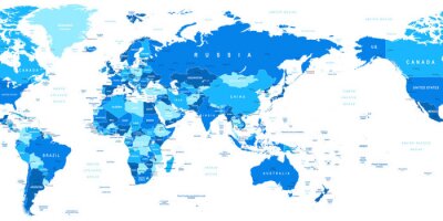 Carte du monde - Asie dans le centre. Très détaillée vecteur illustration de la carte mondiale. Image contient contours terrestres, les noms de pays et de pays, les noms de ville, les noms d'objets de