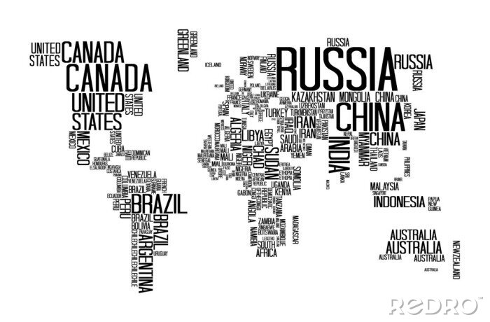 Poster  Carte du monde avec le texte de nom de pays, Lettre de carte du monde, carte du monde Typographie