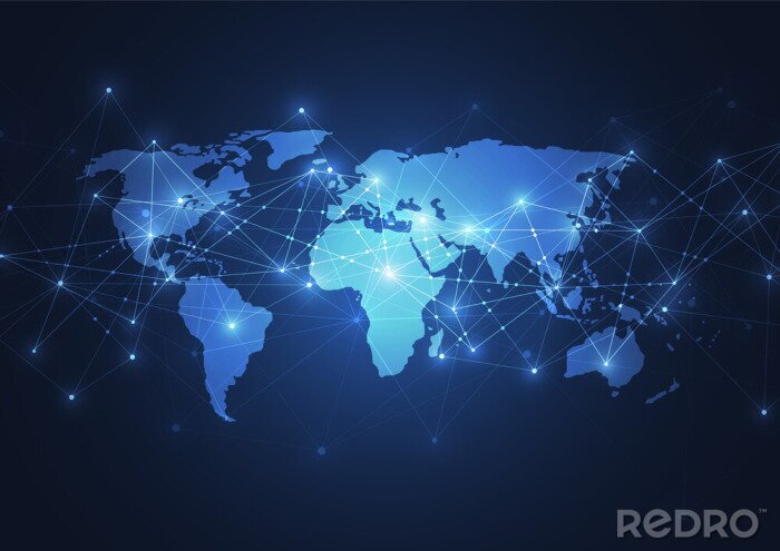 Poster  Carte du monde avec lignes et points lumineux