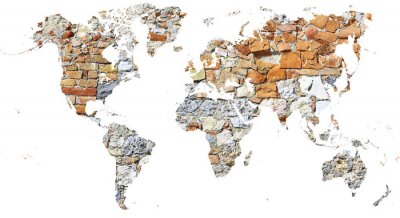 Poster  Carte du monde découpée dans un mur ancien fait de briques et de pierres