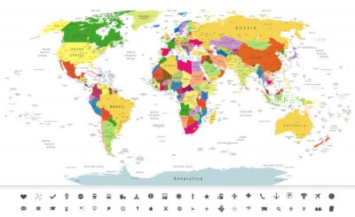 Carte du monde politique avec des icônes de navigation