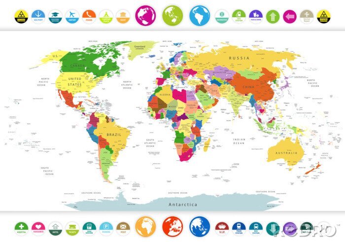 Poster  Carte du monde politique avec des icônes et des globes plats