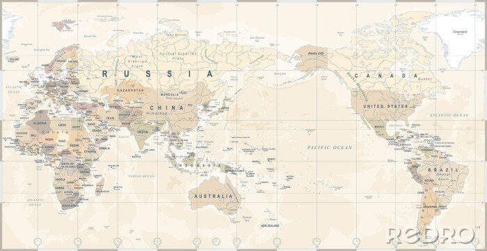 Poster  Carte du monde politique Vintage Pacifique centré