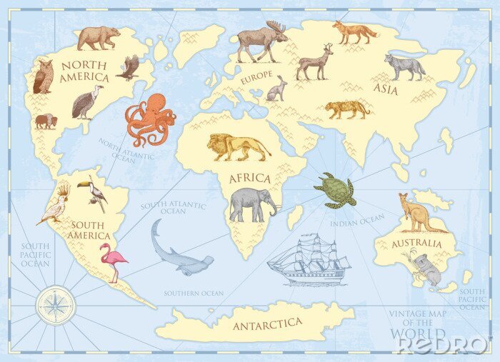 Poster  Carte du monde vintage avec des animaux sauvages et des montagnes. Créatures marines dans l'océan. Vieux parchemin rétro. concept de la faune sur la terre. fond ou une affiche pour les enfants. dessin