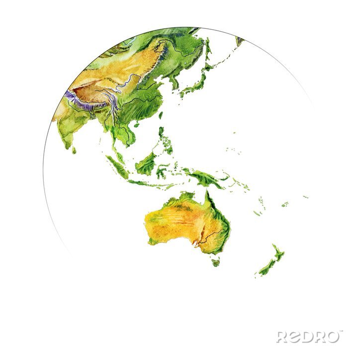 Poster  Carte géographique aquarelle du monde. Carte physique du monde. Fragment. Asie, Australie, Indonésie. Image réaliste Isolé sur fond blanc