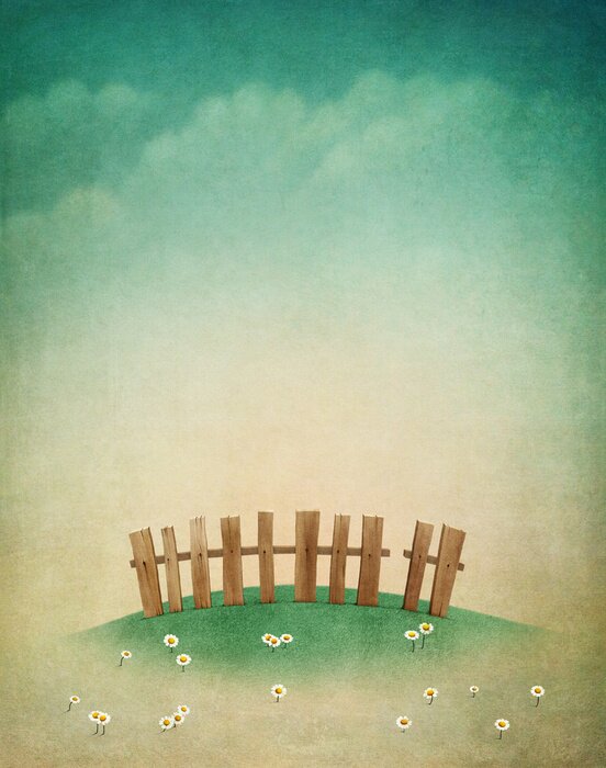 Poster  Carte, Illustration, beau, automne, pelouse, barrière