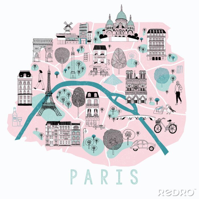Poster  Carte illustrée de Paris avec des symboles légendaires