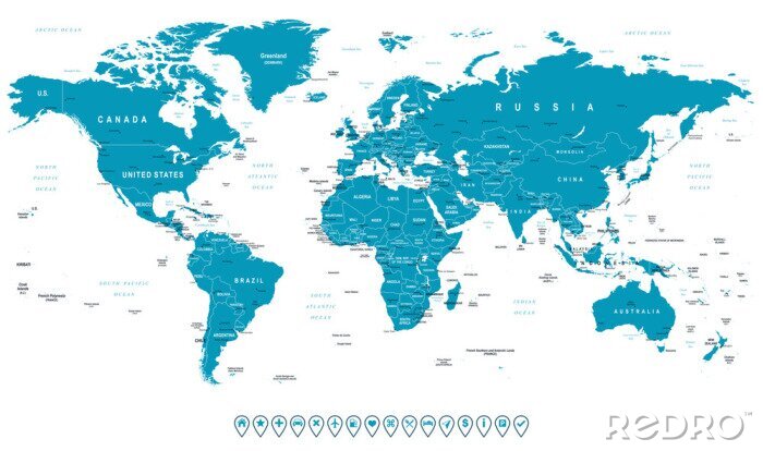 Poster  Carte mondiale et icônes de navigation - carte détaillée illustration.Highly mondiale: les pays, les villes, les objets de l'eau.