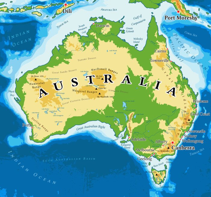 Poster  Carte physique de l'Australie