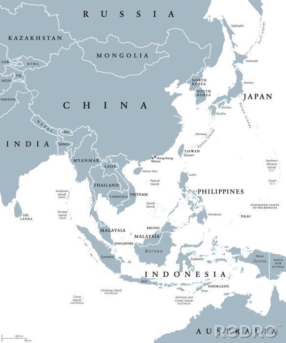 Poster  Carte politique de l'Asie de l'Est avec les pays et les frontières. Sous-région orientale du continent asiatique avec la Chine, le Japon, la Mongolie et l'Indonésie. Étiquetage en anglais. Illustratio
