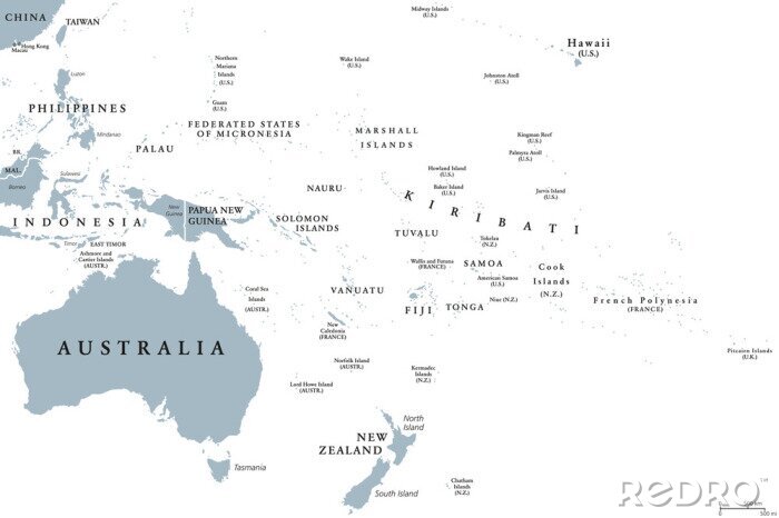 Poster  Carte politique de l'Océanie avec les pays. Étiquetage en anglais. Région, comprenant l'Australie et les îles du Pacifique avec les régions de la Mélanésie, de la Micronésie et de la Polynésie. Illust
