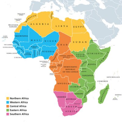 Poster  Carte politique des régions de l'Afrique avec les pays célibataires. Géoschème des Nations Unies. Afrique du Nord, de l'Ouest, du Centre, de l'Est et du Sud de différentes couleurs. Étiquetage en angl