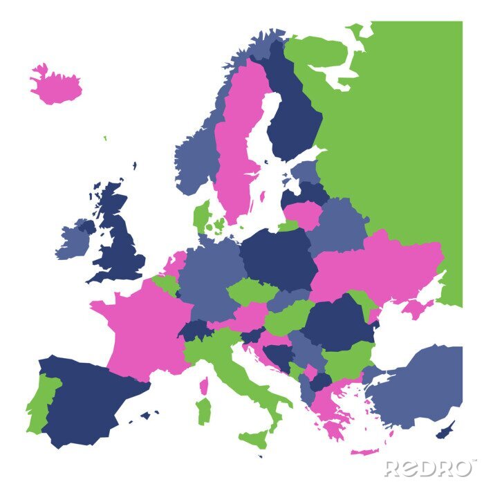 Poster  Carte politique du continent Europe en quatre couleurs avec des étiquettes de nom de pays blanc et isolé sur fond blanc. Illustration vectorielle